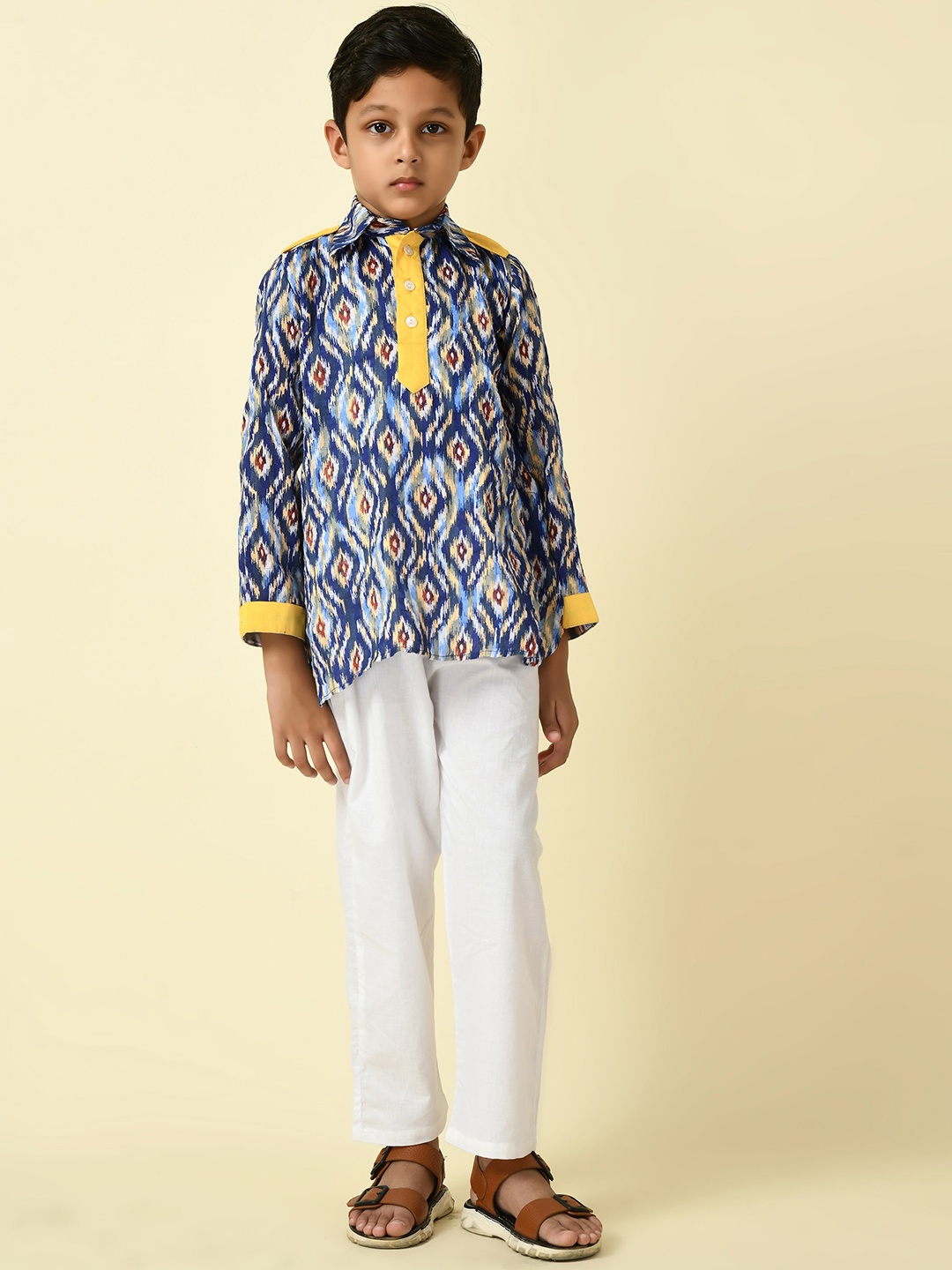 

BAESD Boys Ikat Printed Shirt Collar Straight Short Kurta, Blue