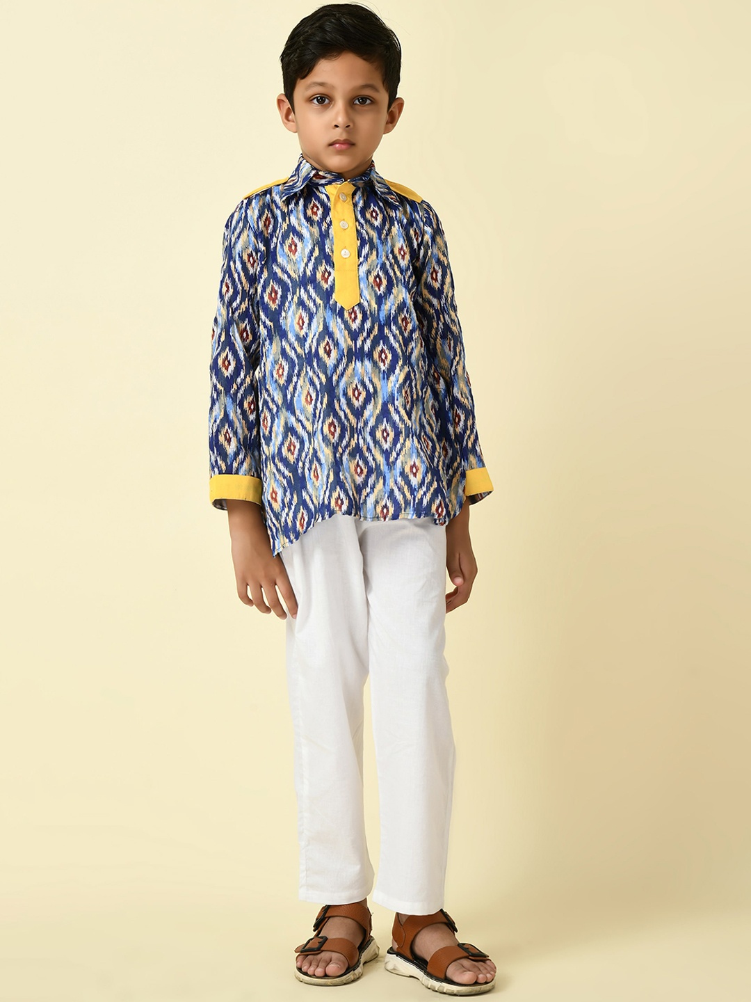 

BAESD Boys Ikat Printed Shirt Collar Straight Short Kurta, Blue