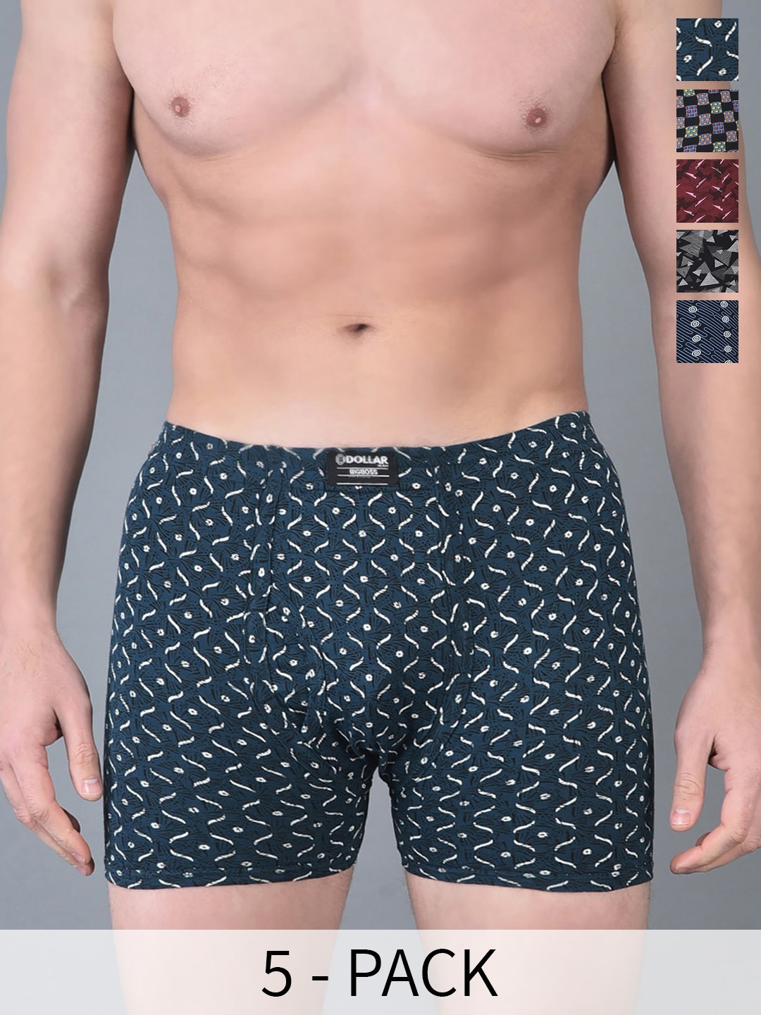 Dollar Bigboss Men Printed Pack of 5 Soft Combed Cotton Trunks, Assorted