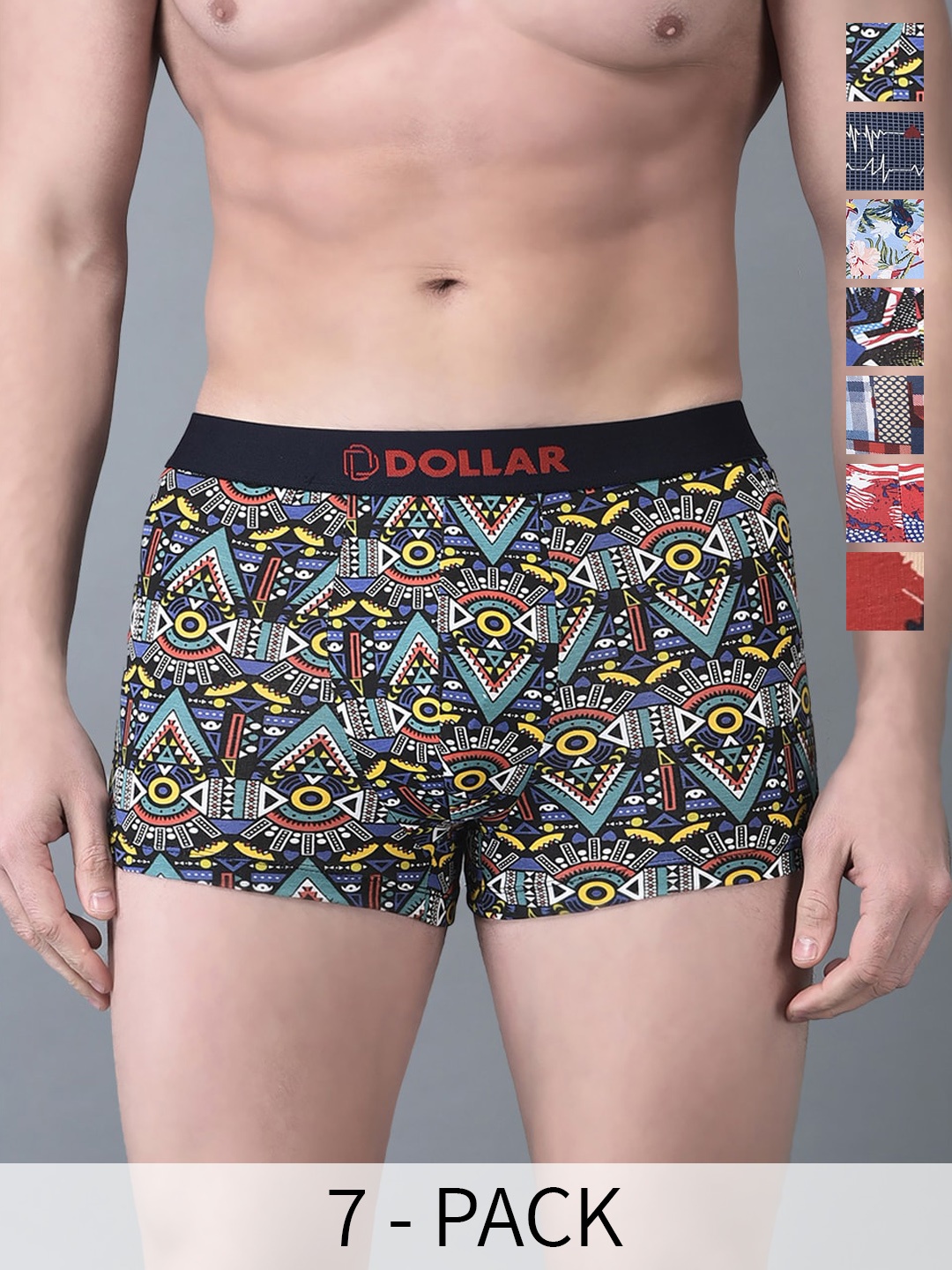 Dollar Bigboss Men Printed Pack of 7 Combed Cotton Trendy Trunks, Assorted