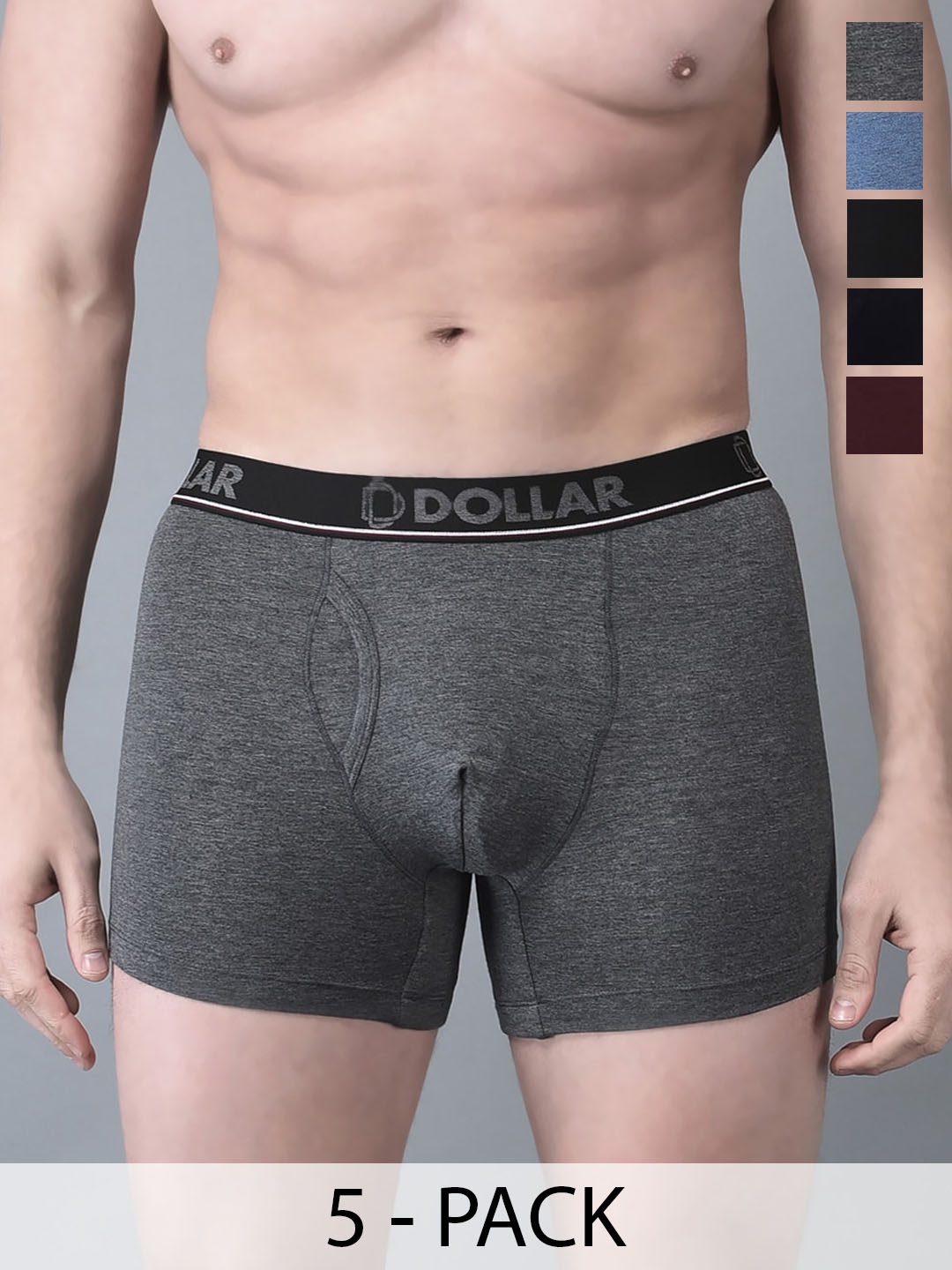 

Dollar Bigboss Men Solid Pack of 5 Shuffle Intellisoft Cotton Modal Trunk, Grey