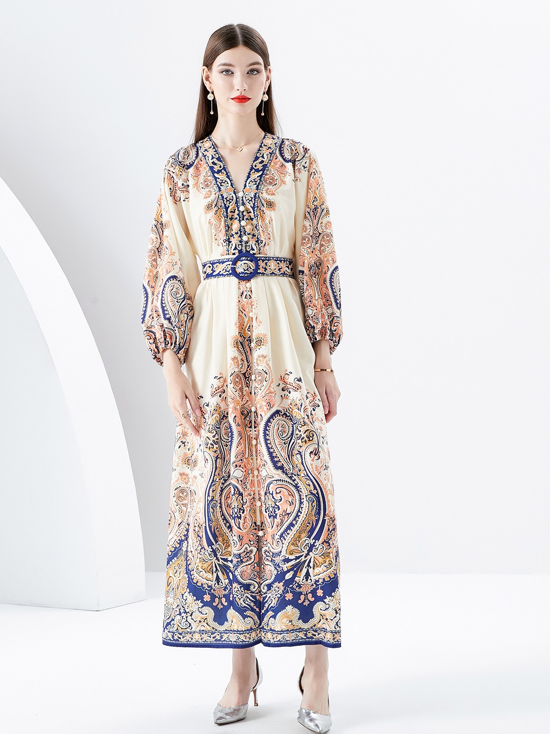 

JC Collection Ethnic Motifs Printed V-Neck Puff Sleeve Maxi Dress, Off white