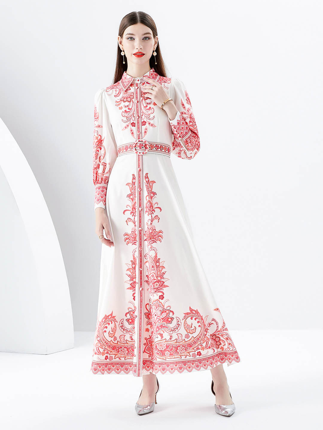 

JC Collection Ethnic Motifs Printed Cuffed Sleeves Maxi Dress, Red