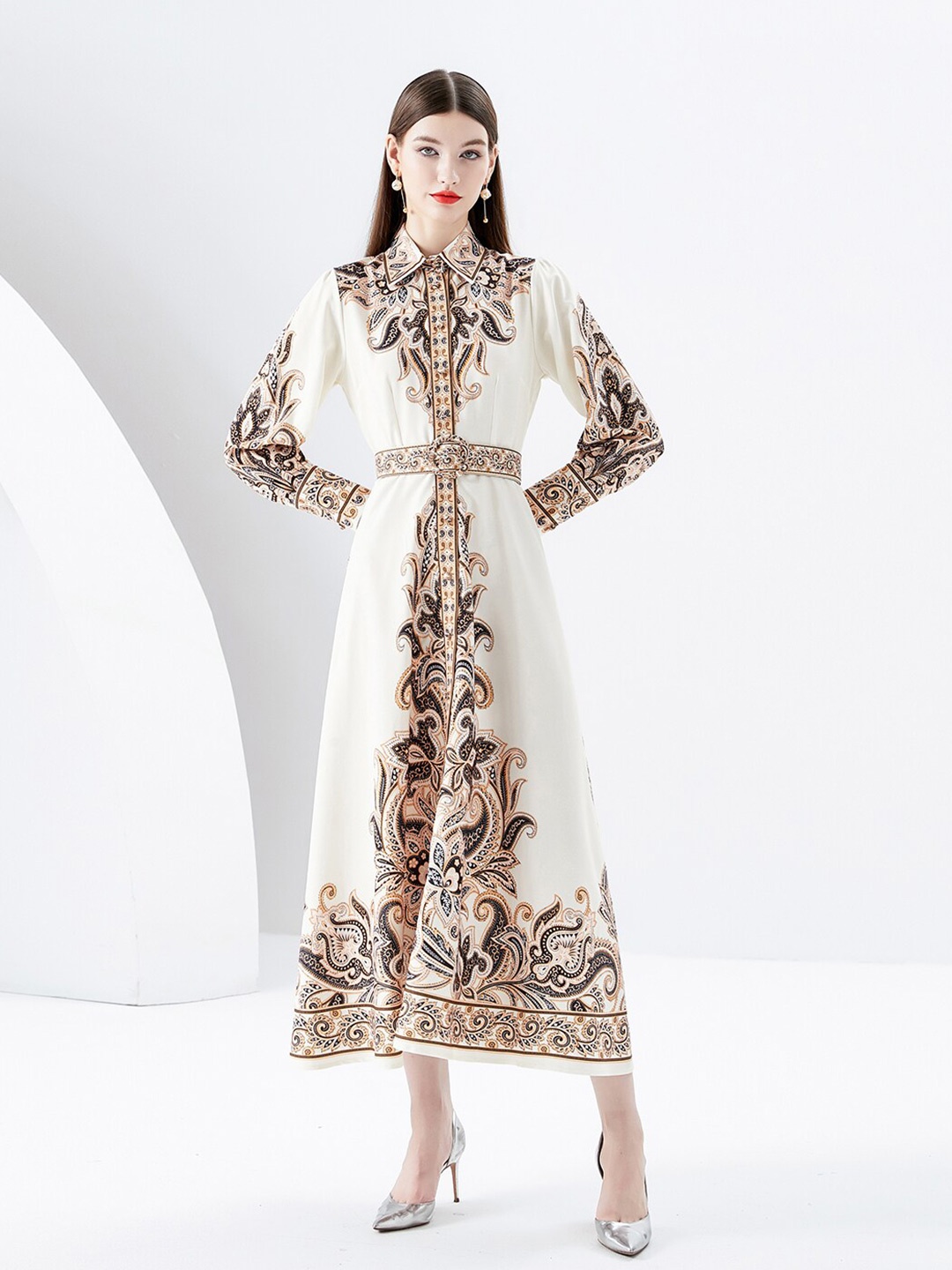 

JC Collection Ethnic Motifs Printed Belted Midi Shirt Dress, White