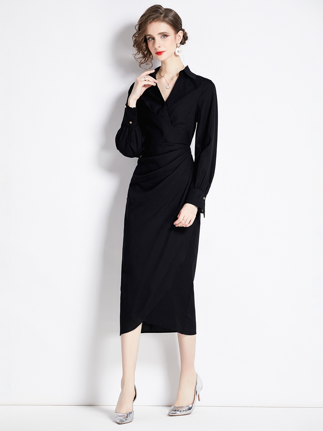 

JC Collection Shirt Collar Cuffed Sleeves Gathered Wrap Midi Dress, Black