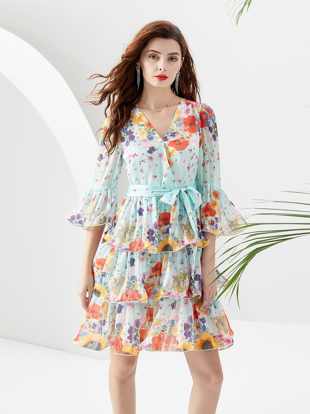 

JC Collection Floral Printed Bell Sleeves Tie Ups Fit & Flare Dress, Blue