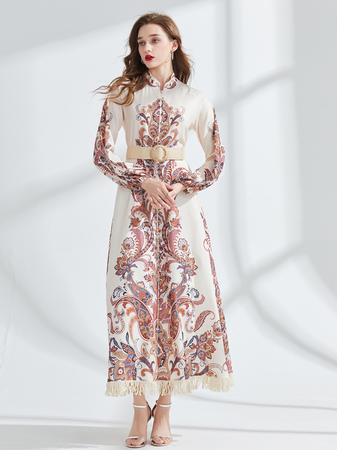 

JC Collection Floral Printed Puff Sleeve Maxi Dress, Beige