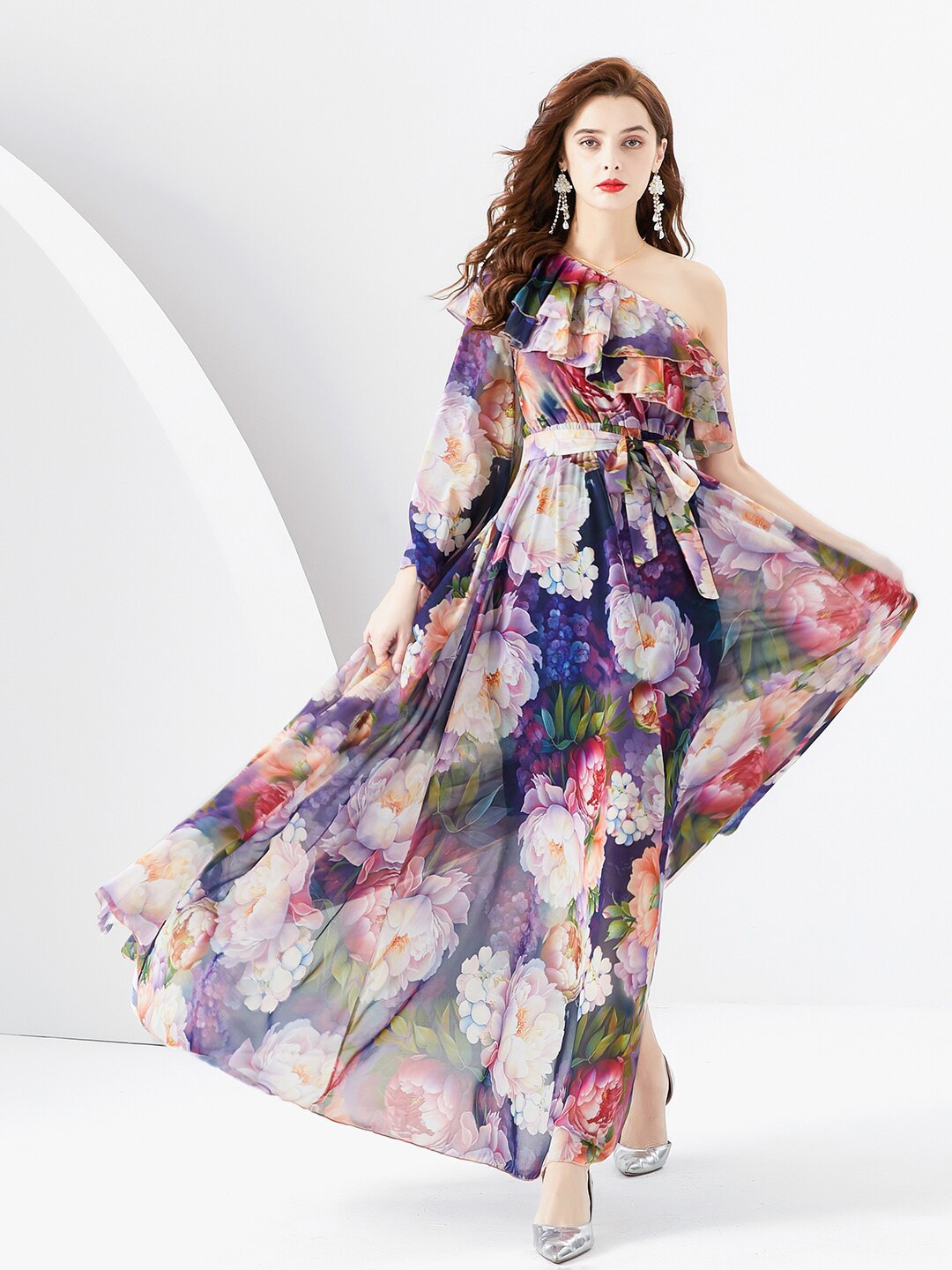 

JC Collection Printed One Shoulder Puff Sleeves Ruffled Belted Maxi Fit & Flare Dress, Blue