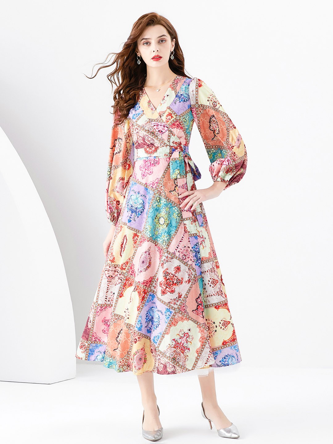 

JC Collection Ethnic Motifs Printed Puff Sleeve Midi Wrap Dress, Pink