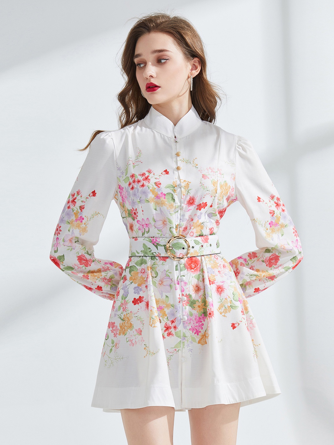 

JC Collection Floral Print Shirt Collar Cuffed Sleeves Shirt Dress, White