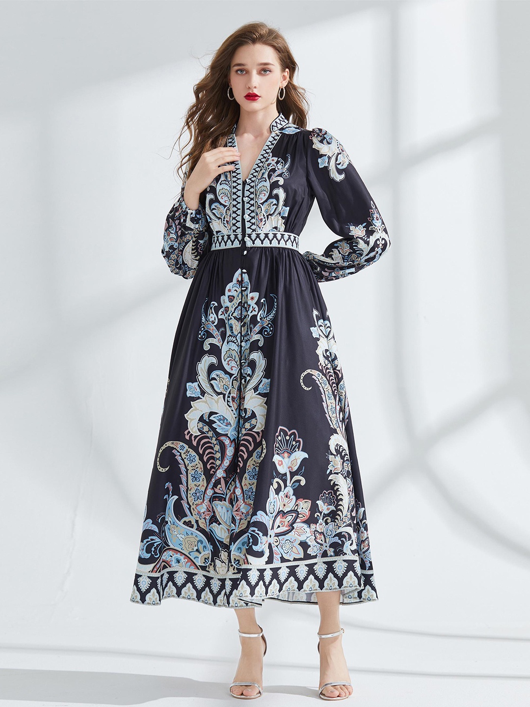 

JC Collection Ethnic Motifs Printed Puff Sleeve Fit & Flare Maxi Dress, Black