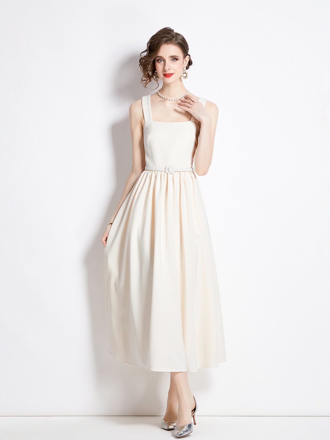 

JC Collection Square Neck Fit & Flare Midi Dress, Beige
