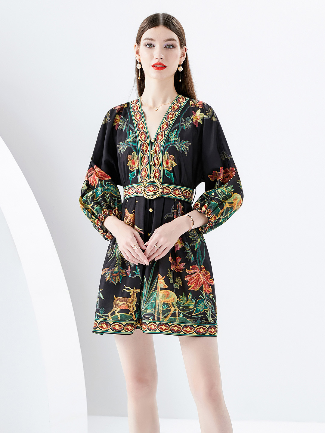 

JC Collection Floral Printed V-Neck Puff Sleeve Fit & Flare Dress, Black