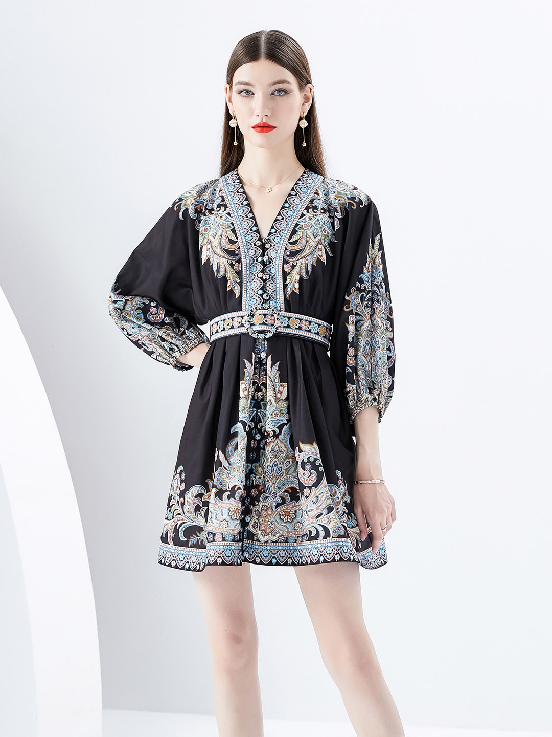 

JC Collection Floral Printed V-Neck Puff Sleeves Fit & Flare Mini Dress, Black