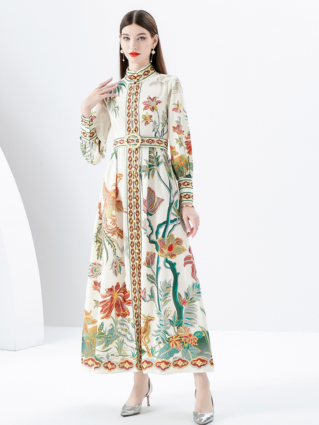 

JC Collection Floral Printed Cuffed Sleeves Band Collar Belted Maxi Dress, White