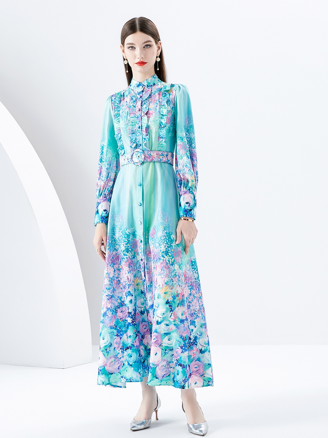 

JC Collection Floral Printed Mandarin Collar Cuffed Sleeves Maxi Dress With Belt, Blue