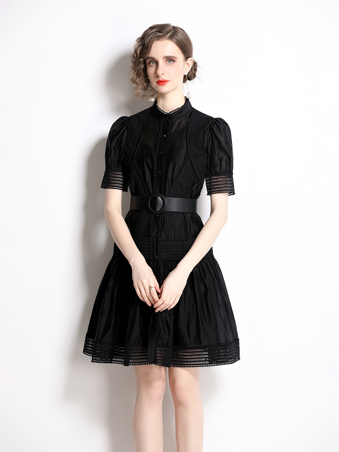 

JC Collection Mandarin Collar Puff Sleeve Fit & Flare Dress, Black