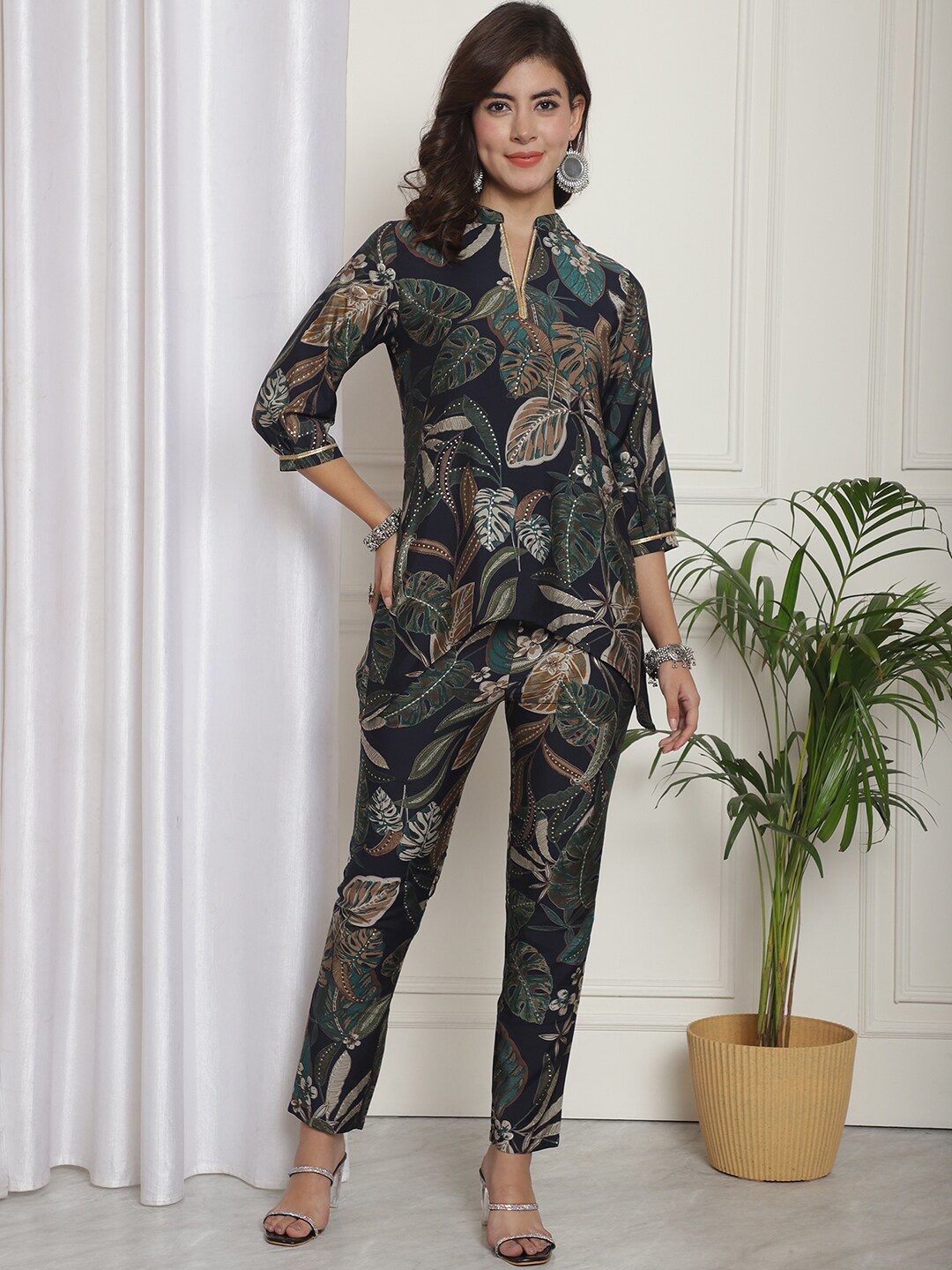 

Claura Navy Blue Floral Printed Mandarin Collar Top With Trouser