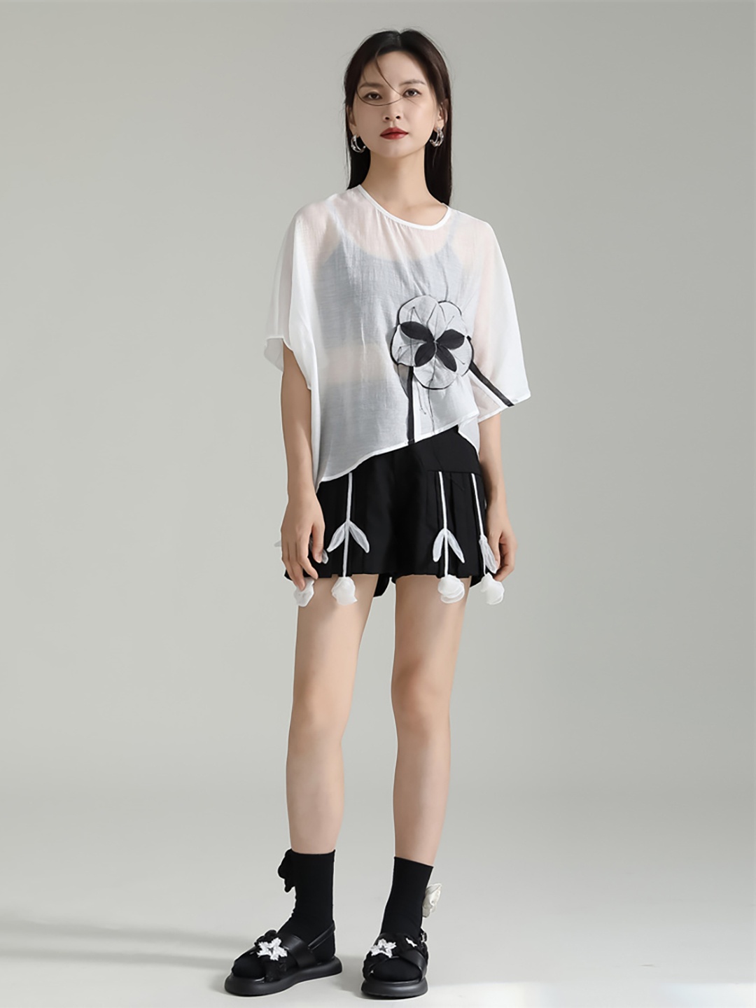 

JC Collection Applique Detail Cape Sleeves Semi Sheer Top, White