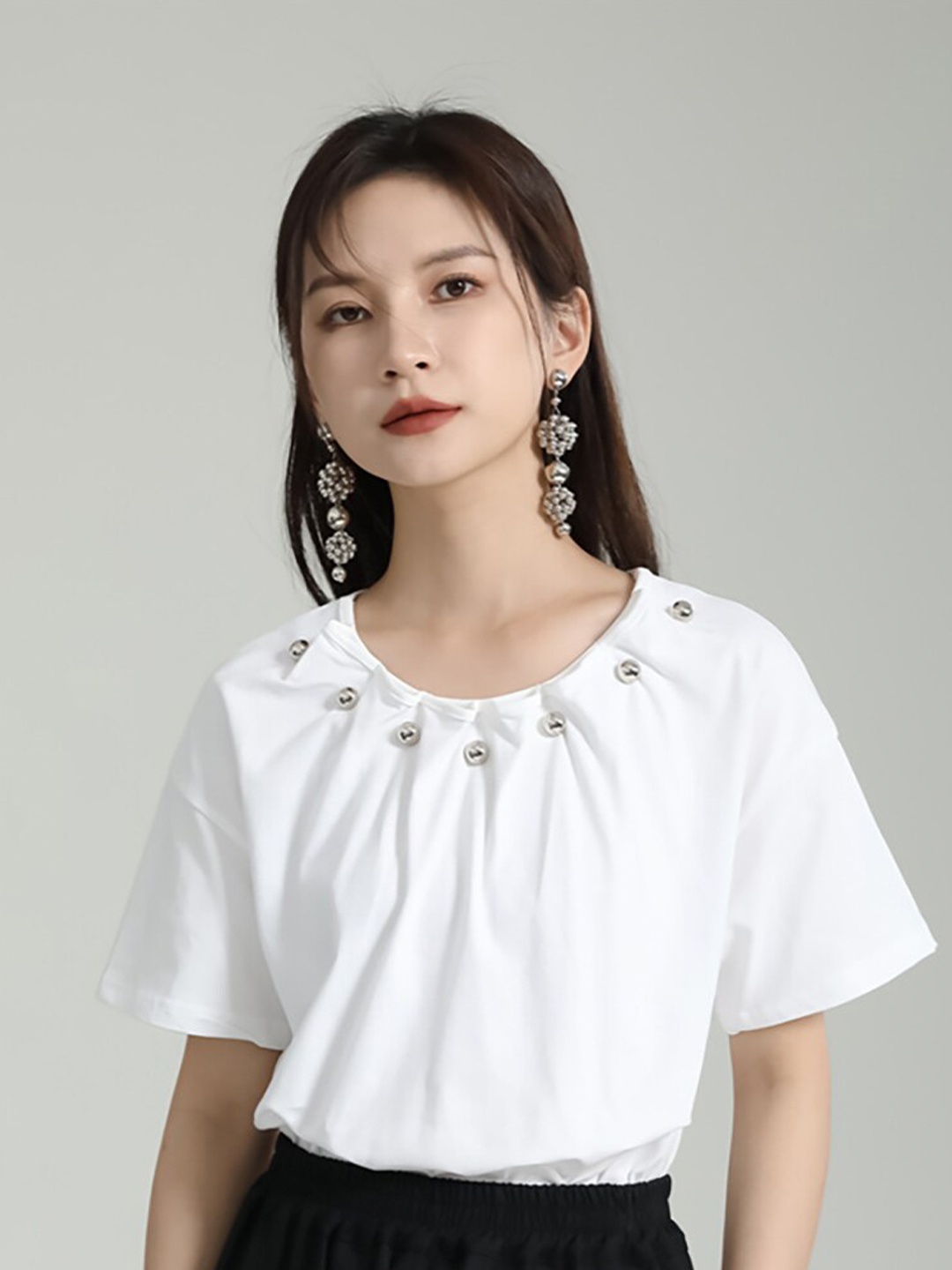 

JC Collection Gathered Round Neck Top, White