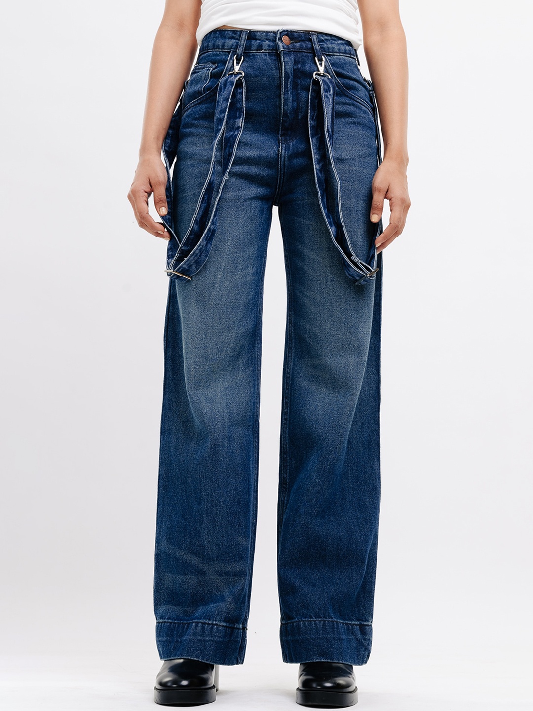 

FREAKINS Women Straight Fit High-Rise Light Fade Cotton Jeans With Suspenders, Blue