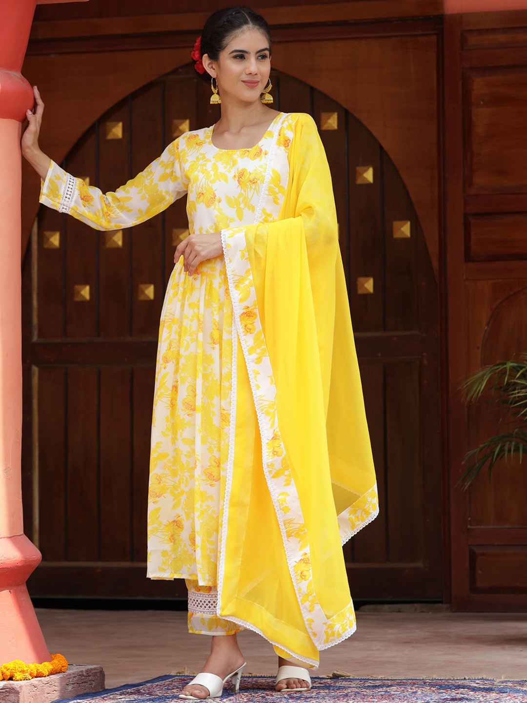 

KALINI Floral Printed Pleated Anarkali Kurta & Palazzos With Dupatta, White
