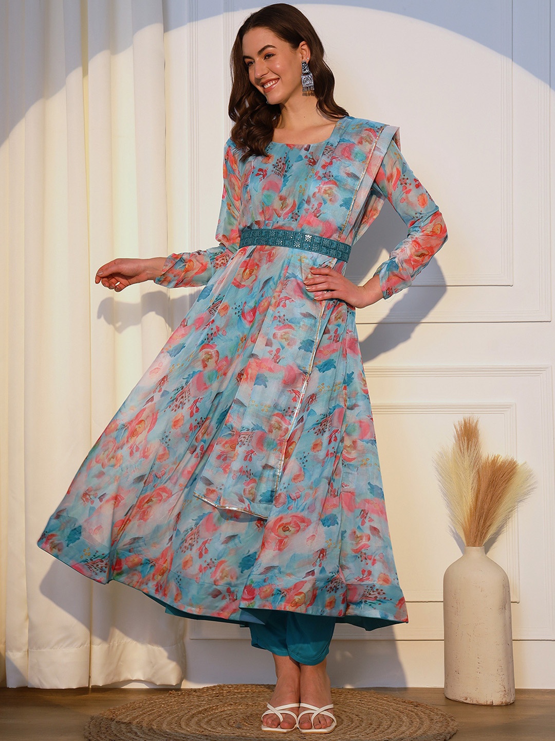 

KALINI Floral Printed Anarkali Organza Kurta & Trouser With Dupatta, Blue
