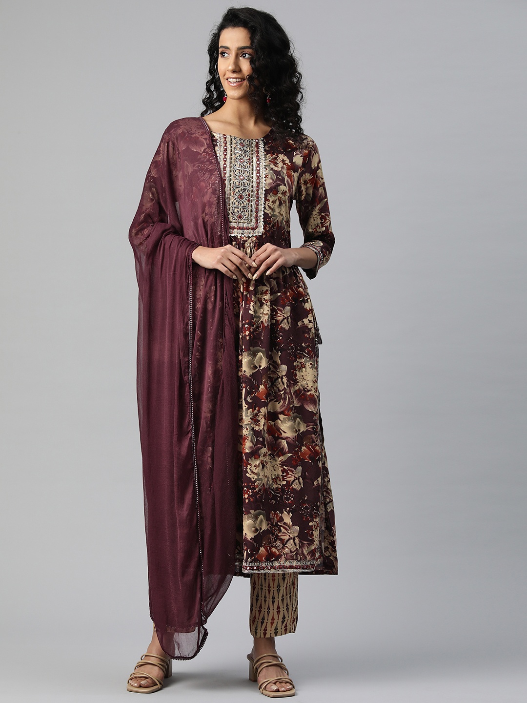 

Readiprint Fashions Floral Printed Mirror Work Kurta with Trousers & Dupatta, Purple