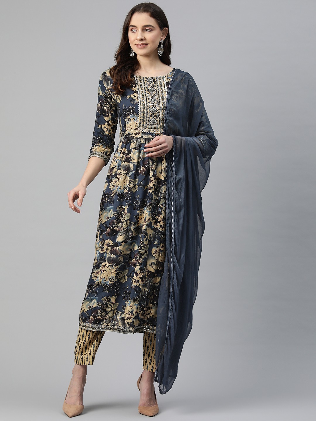 

Readiprint Fashions Floral Printed Pleated Mirror Work Kurta with Trousers & Dupatta, Grey