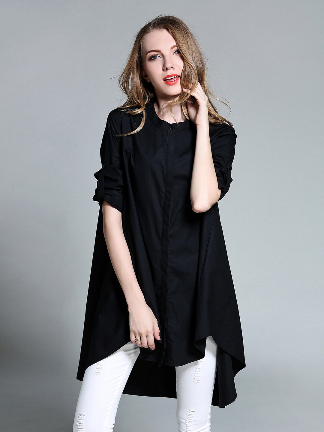 

JC Collection Mandarin Collar Roll-Up Sleeves High-Low Longline Casual Shirt, Black