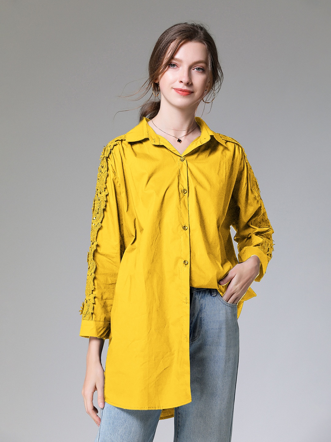 

JC Collection Spread Collar Casual Longline Shirt, Yellow