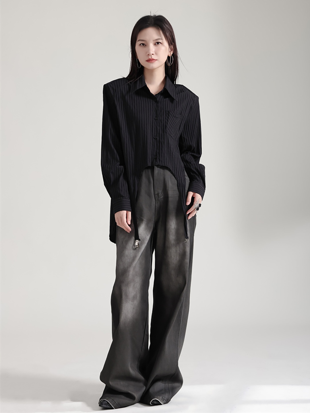 

JC Collection Striped High Low Hem Crop Casual Shirt, Black