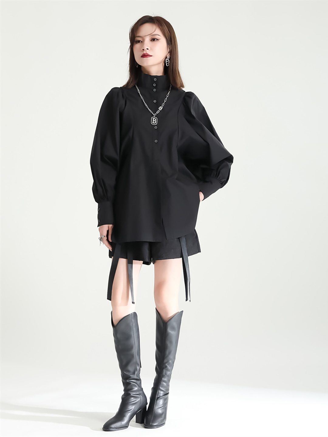 

JC Collection Band Collar Puff Sleeves Longline Casual Shirt, Black