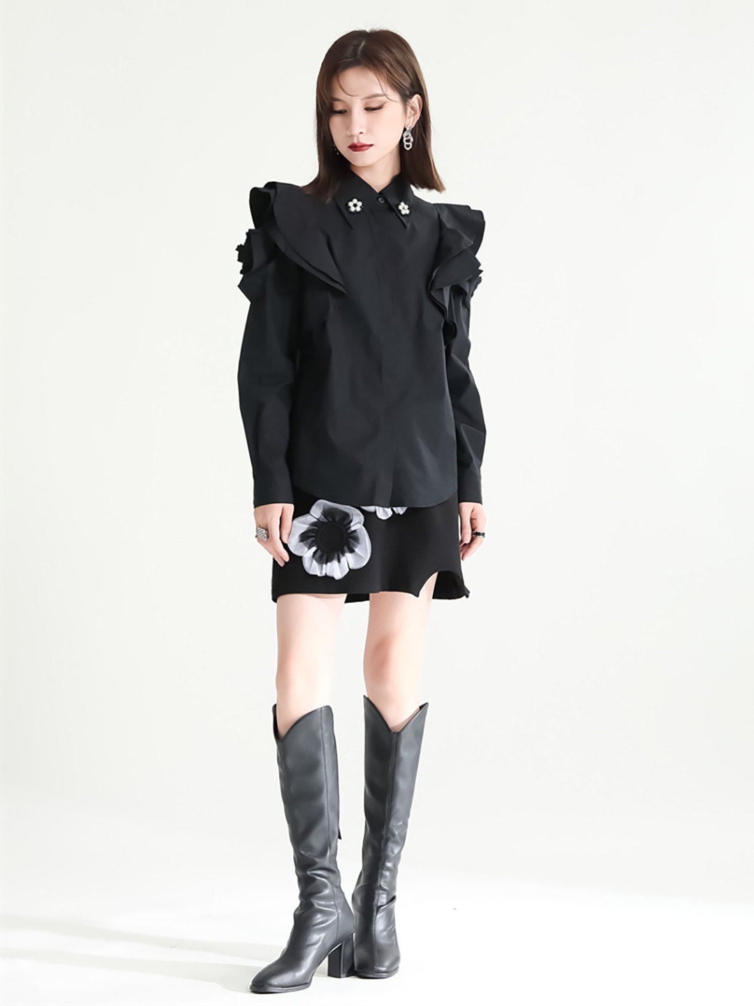 

JC Collection Ruffled Spread Collar Casual Shirt, Black