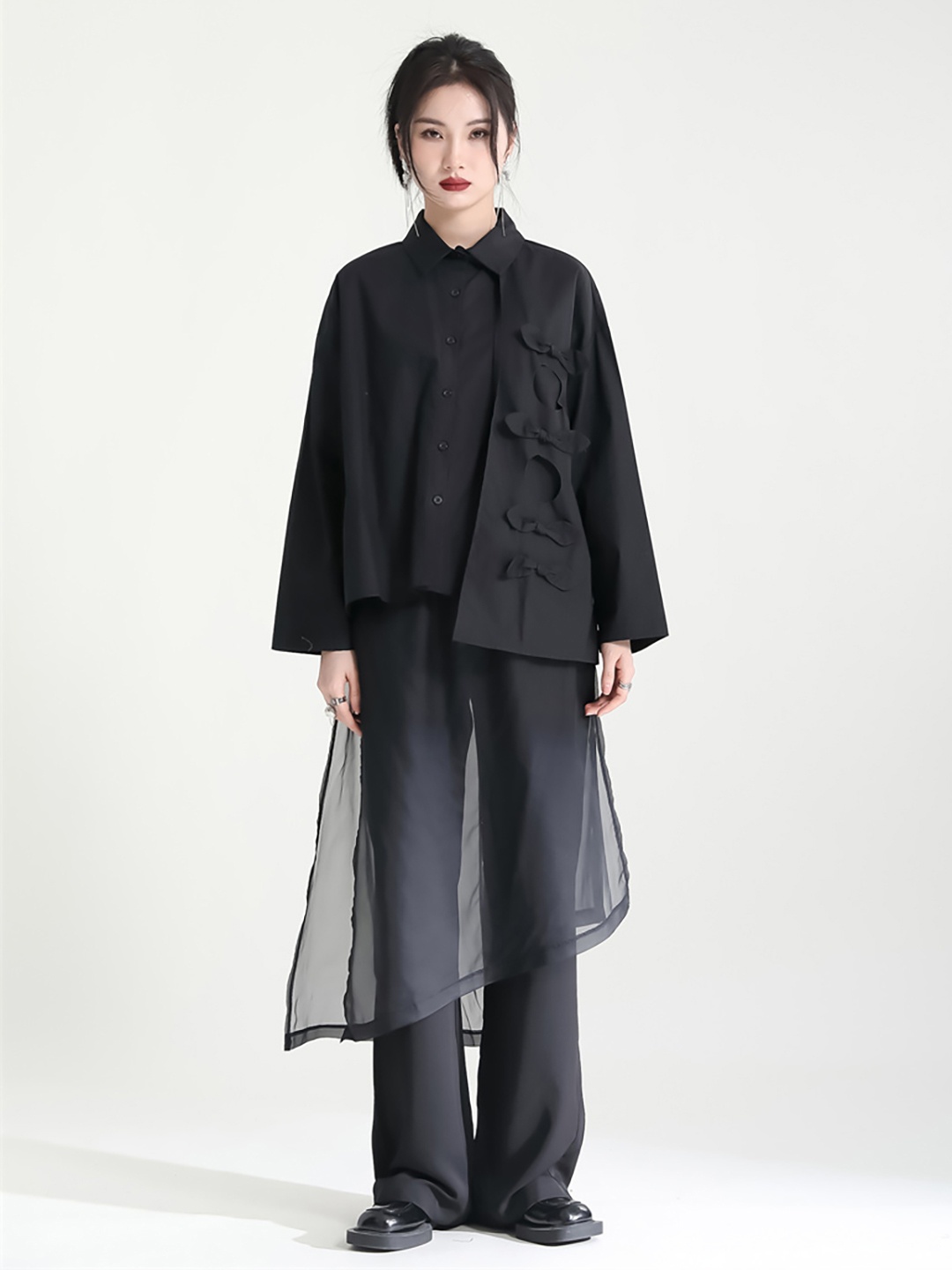 

JC Collection Spread Collar Bow Detail Longline Casual Shirt, Black