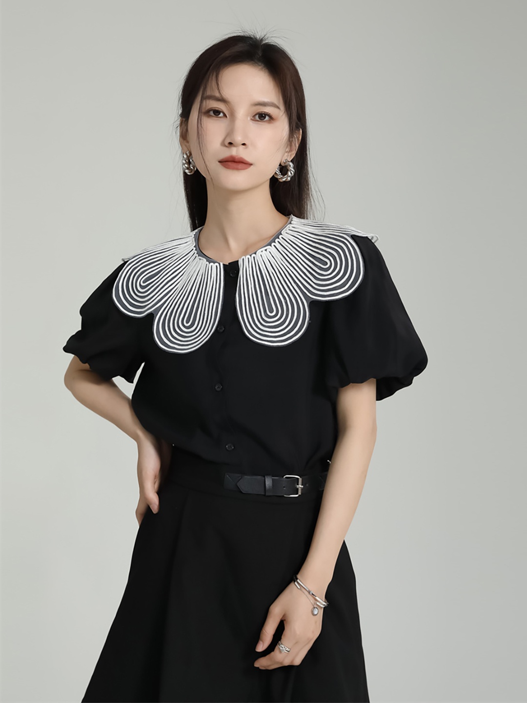 

JC Collection Collarless Puff Sleeves Casual Shirt, Black