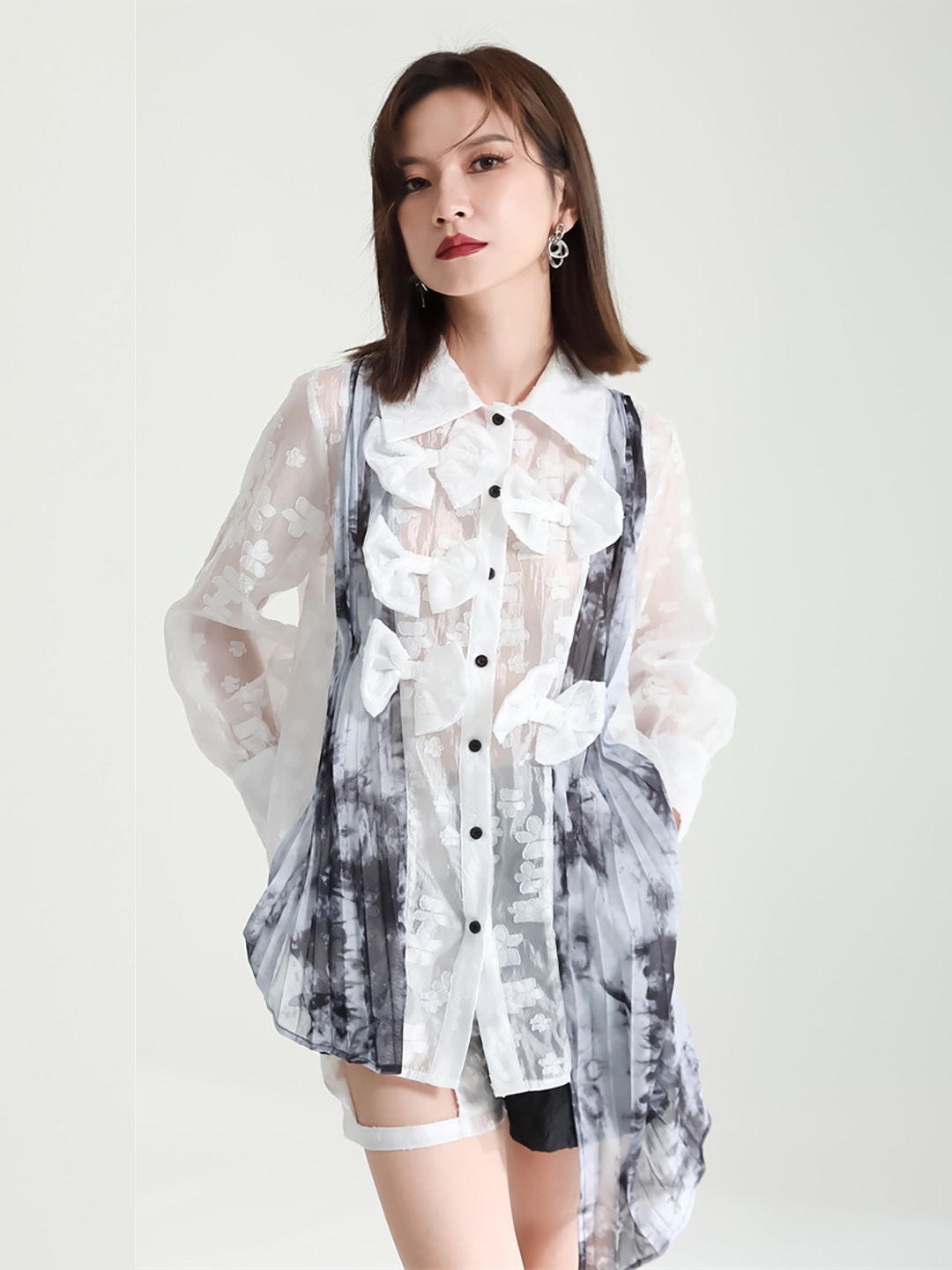 

JC Collection Abstract Printed Asymmetric Ruffled Casual Shirt, White