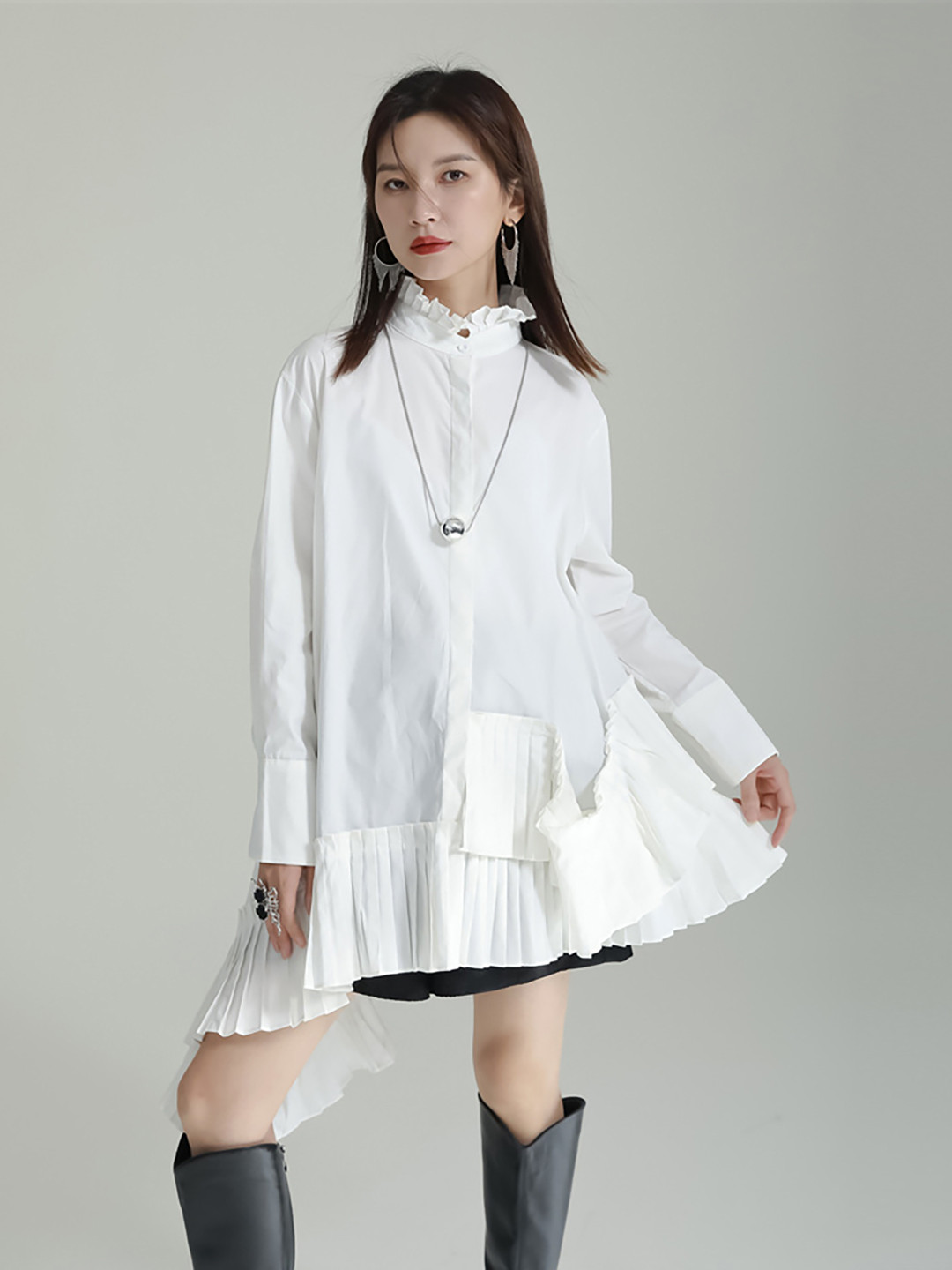 

JC Collection Mandarin Collar Casual Longline Shirt, White