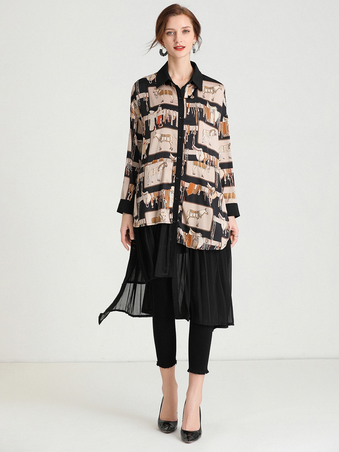 

JC Collection Graphic Printed High Low Hem Longline Casual Shirt, Beige