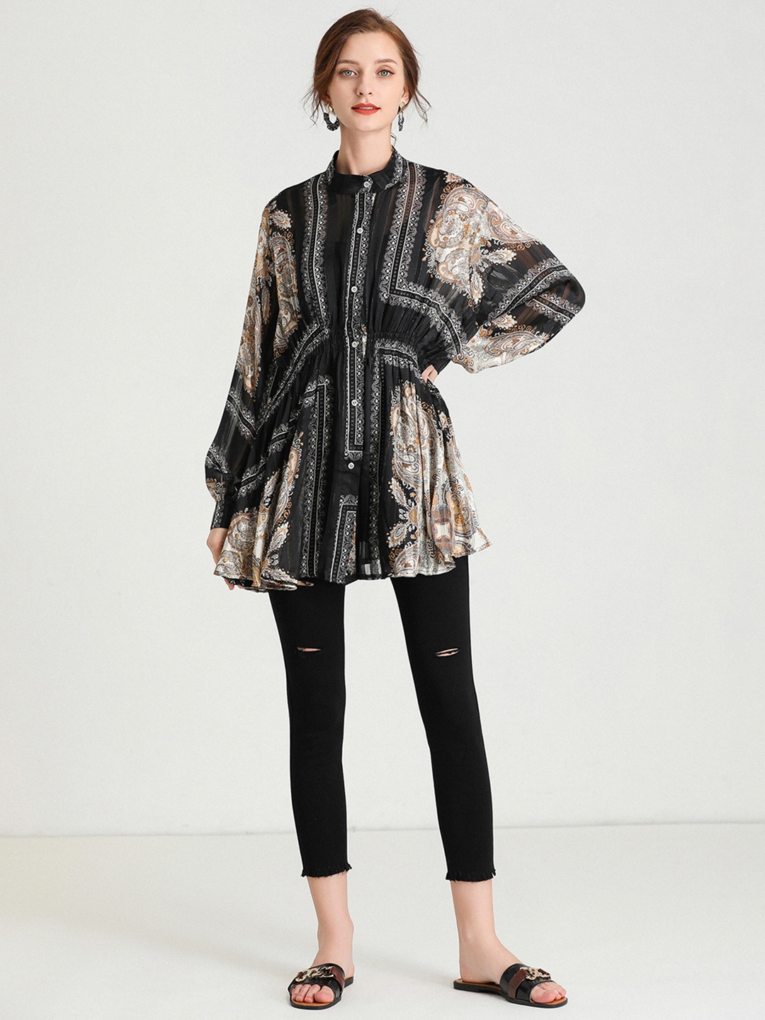 

JC Collection Ethnic Motifs Printed Mandarin Collar Longline Casual Shirt, Beige