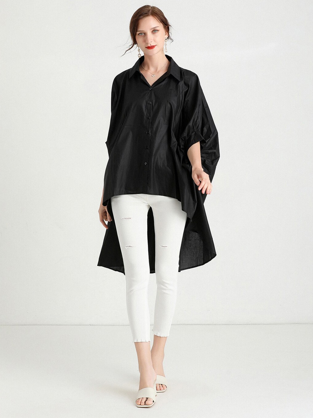

JC Collection Shirt Collar Cuffed Sleeves High Low Shirt Style Top, Black