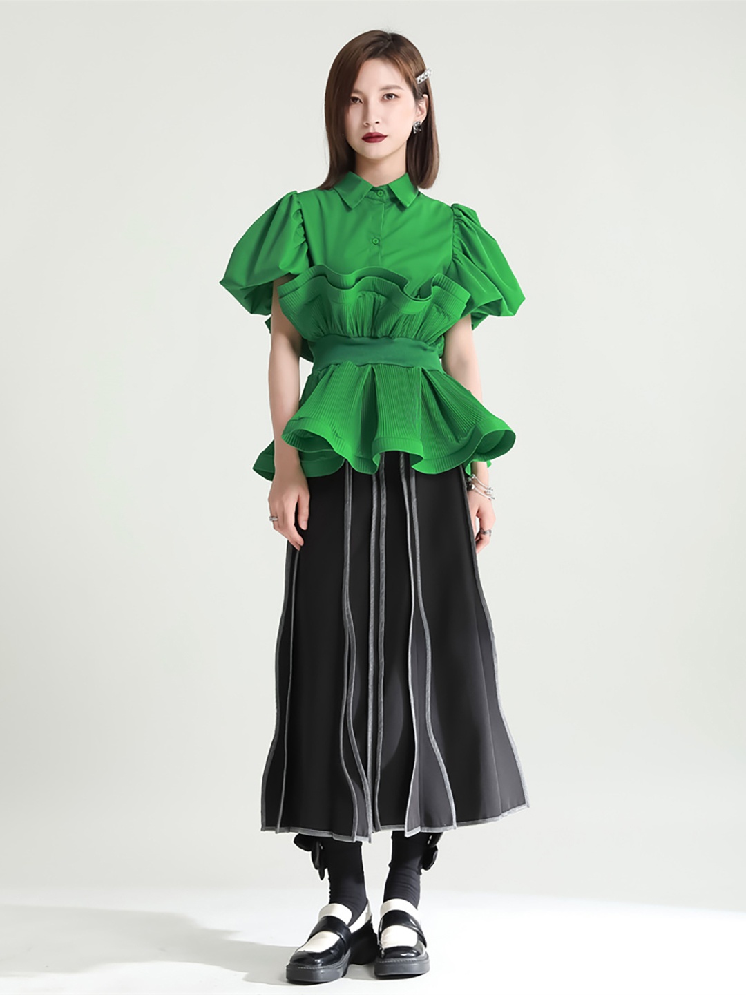 

JC Collection Ruffled Puff Sleeves Casual Shirt, Green