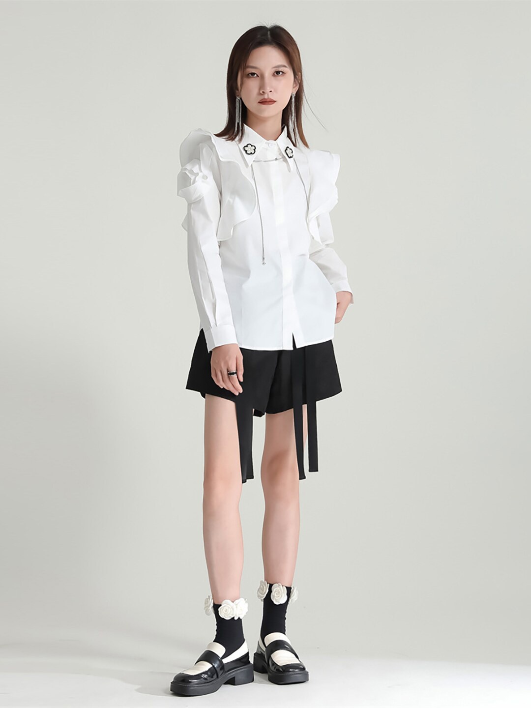 

JC Collection Shirt Collar Long Sleeves Ruffles Casual Shirt, White