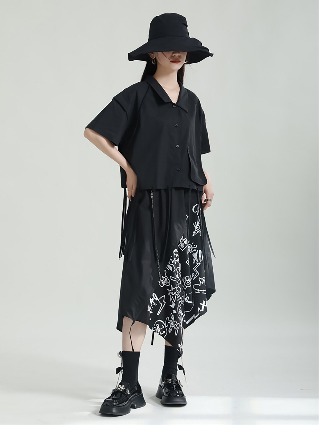 

JC Collection Shirt Collar Short Sleeves Fringed Crop Shirt Style Top, Black