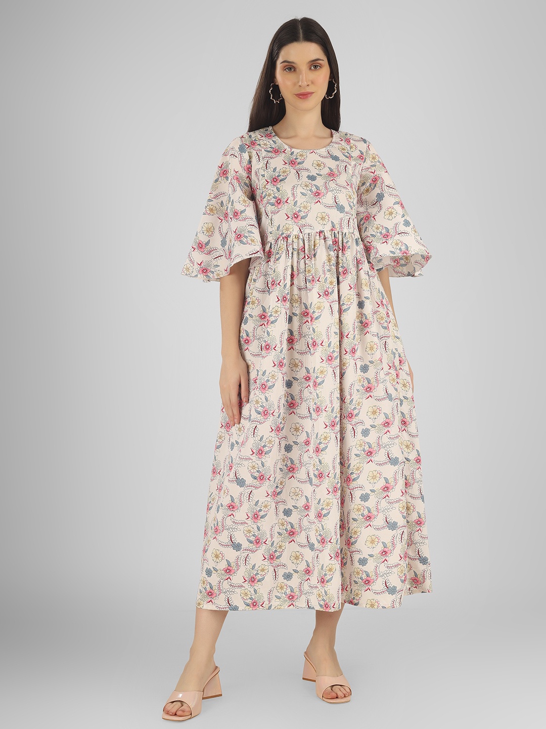 

BAESD Floral Printed Round Neck Flared Sleeve Cotton Maternity Maxi Dress, Cream