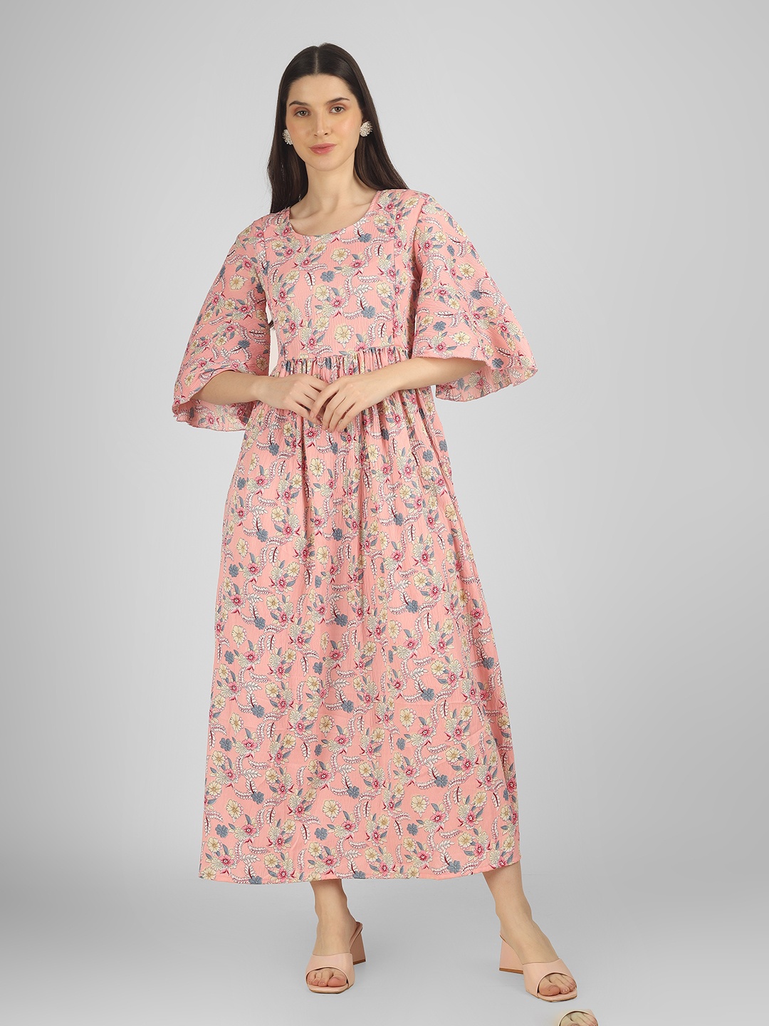 

BAESD Floral Printed Round Neck Flared Sleeve Gathered Cotton Maternity Maxi Dress, Pink