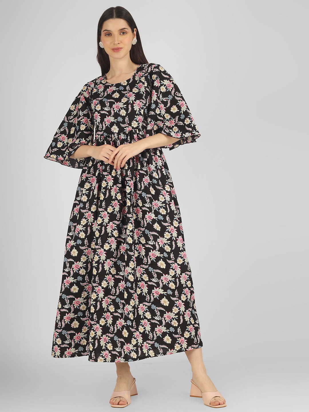 

BAESD Floral Printed Round Neck Flared Sleeve Cotton Maternity Maxi Dress, Black