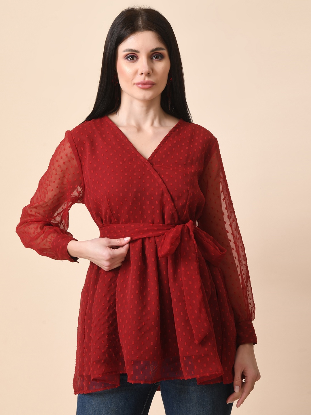 

HERE&NOW Self Design Waist Tie-Ups Wrap Top, Maroon