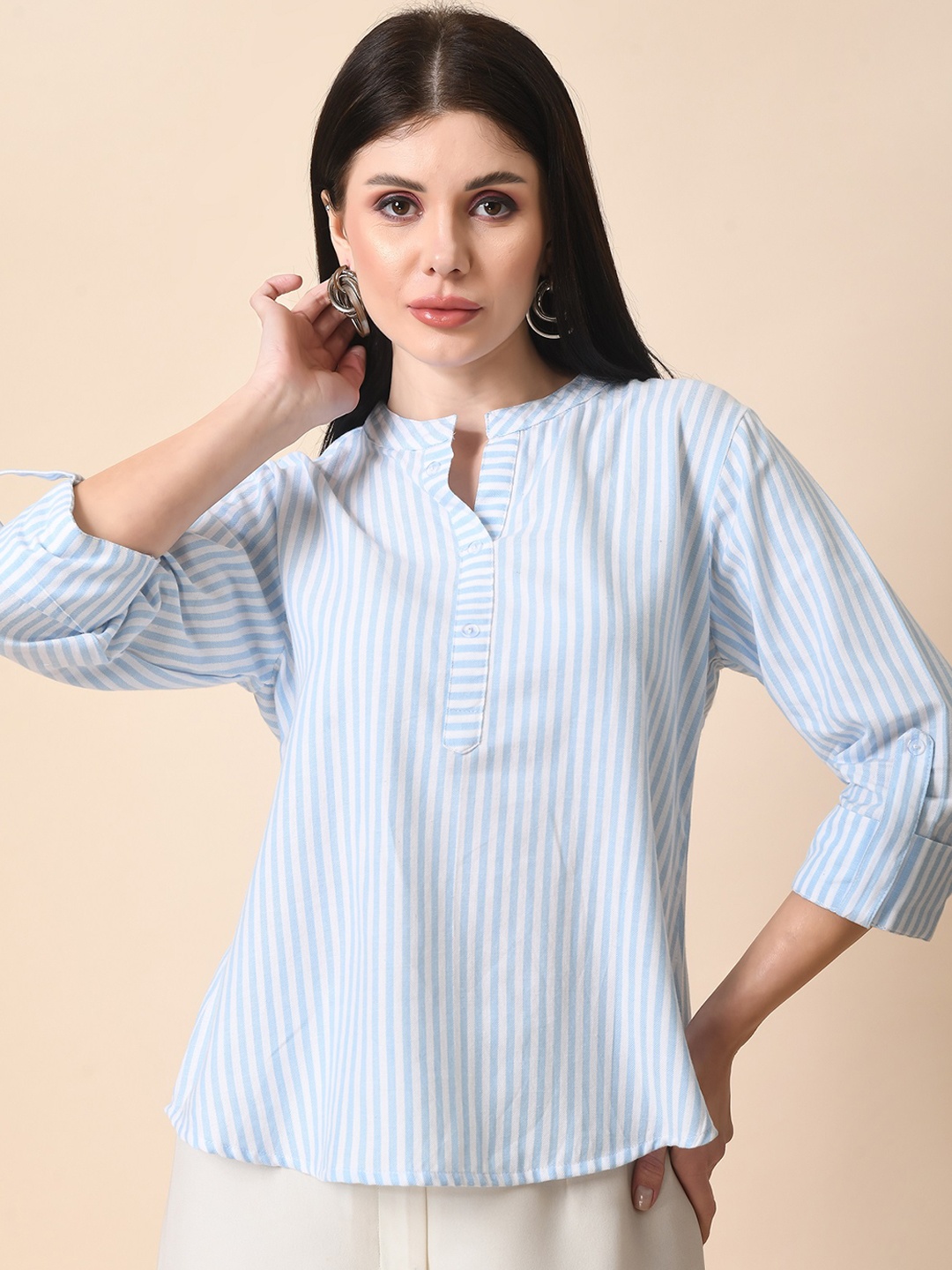 

HERE&NOW White & Blue Vertical Striped Mandarin Collar Pure Cotton Top