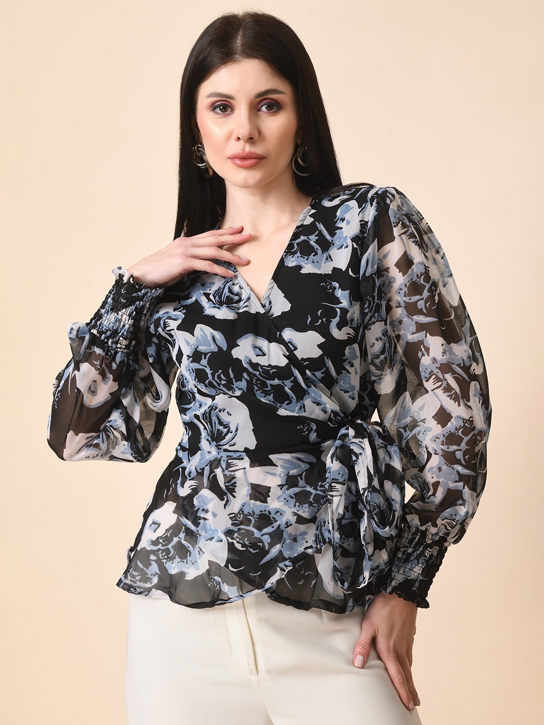 

HERE&NOW Floral Printed Waist Tie-Ups Wrap Top, Black